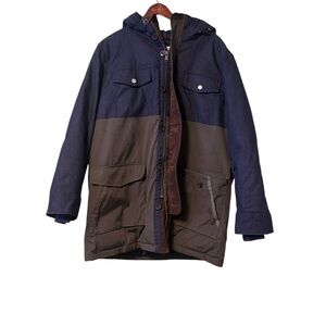 Gap Parka Jacket Mens XLarge Olive Blue Colorblock Elbow Patch Puffer Button Zip